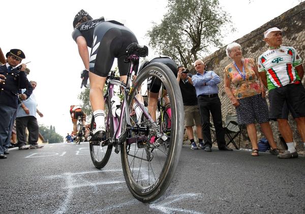 Auckland teenager Devon Hiley climbs one of the steep hills in the junior women's road race at the UCI World Road Cycling Championships in Italy today.